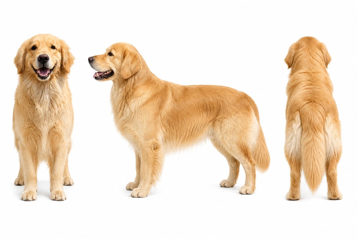 AI视频使用的金毛犬正面侧面背面三视图